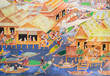 Thai mural painting of floating market on temple wall