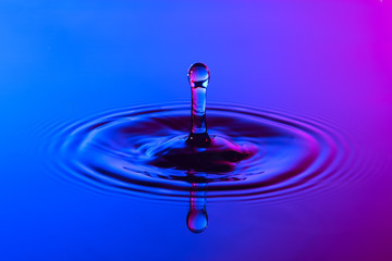 Water drop close up with concentric ripples colourful blue and p