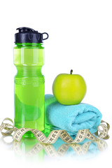 Canvas Print - Sports bottle, apple,towel and measuring tape on grey