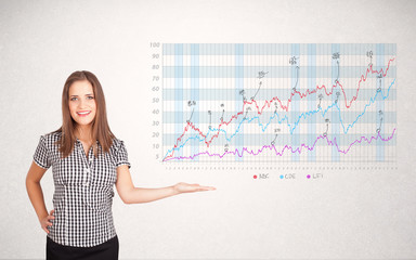 Young business woman presenting stock market diagram