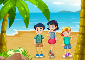 Wall Mural - Children strolling at the beach