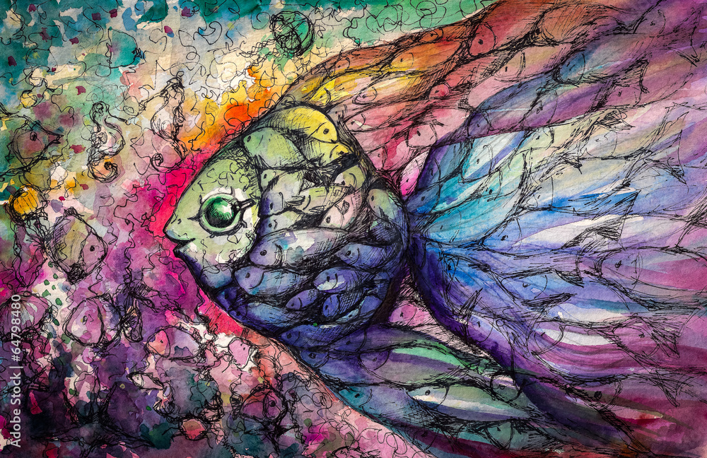 Fishes .Watercolors - obrazy, fototapety, plakaty 