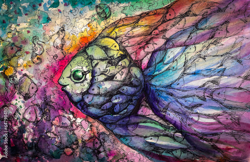 Naklejka - mata magnetyczna na lodówkę Fishes .Watercolors