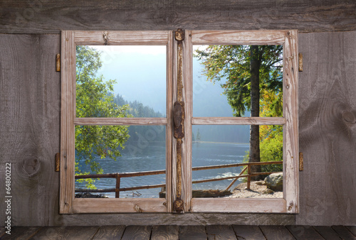 Fototapeta do kuchni Herbstliche Landschaft - Bäume am See - Holz Fenster