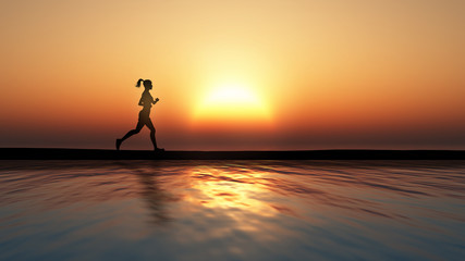 Wall Mural - Female jogging against a sunset ocean