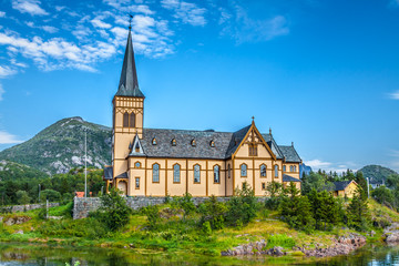 Picturesque Lofoten cathedral on Lofoten islands in Norway