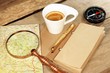 Compass Magnifier Vintage Notepad Gold Pen Coffee Cup Wood Table