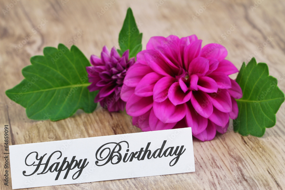 Deurstickers Happy Birthday card with purple dahlia - Foto4art