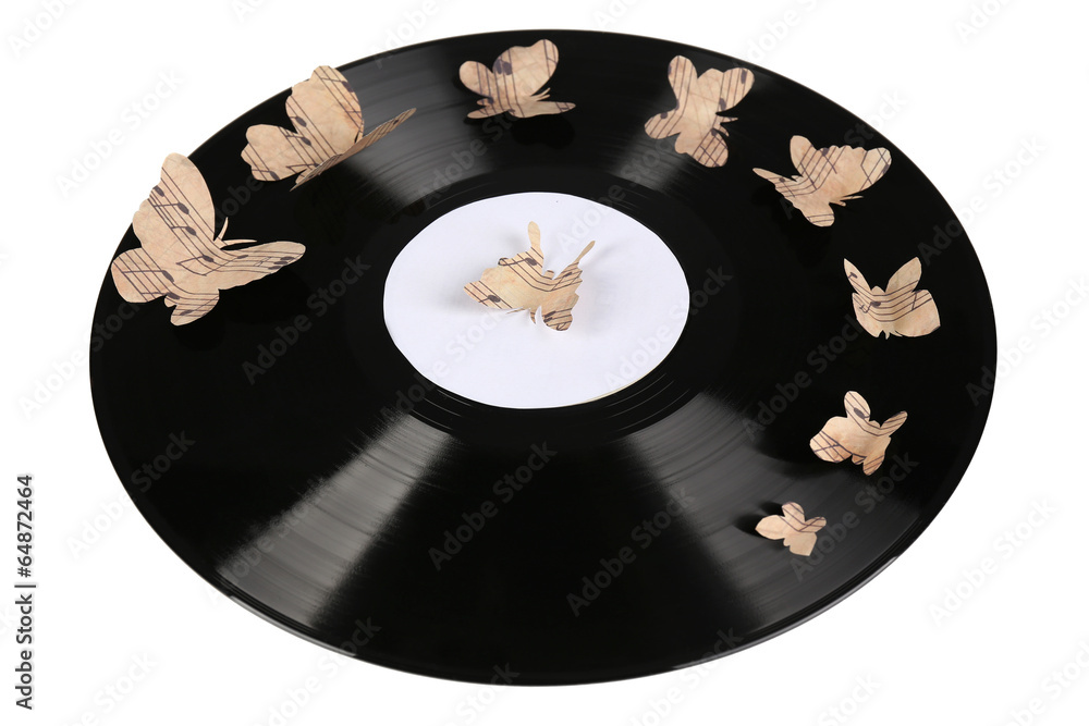 Old vinyl record with paper butterflies, isolated on white