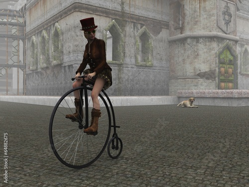 Obraz na płótnie canvas trzyczęściowy "tryptyk" Steampunk dziewczyna na grosza farthing rower na brukowanej ulicy
