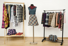 Closet With Plaid Clothes On Hangers,autumn Outfit On Mannequin.