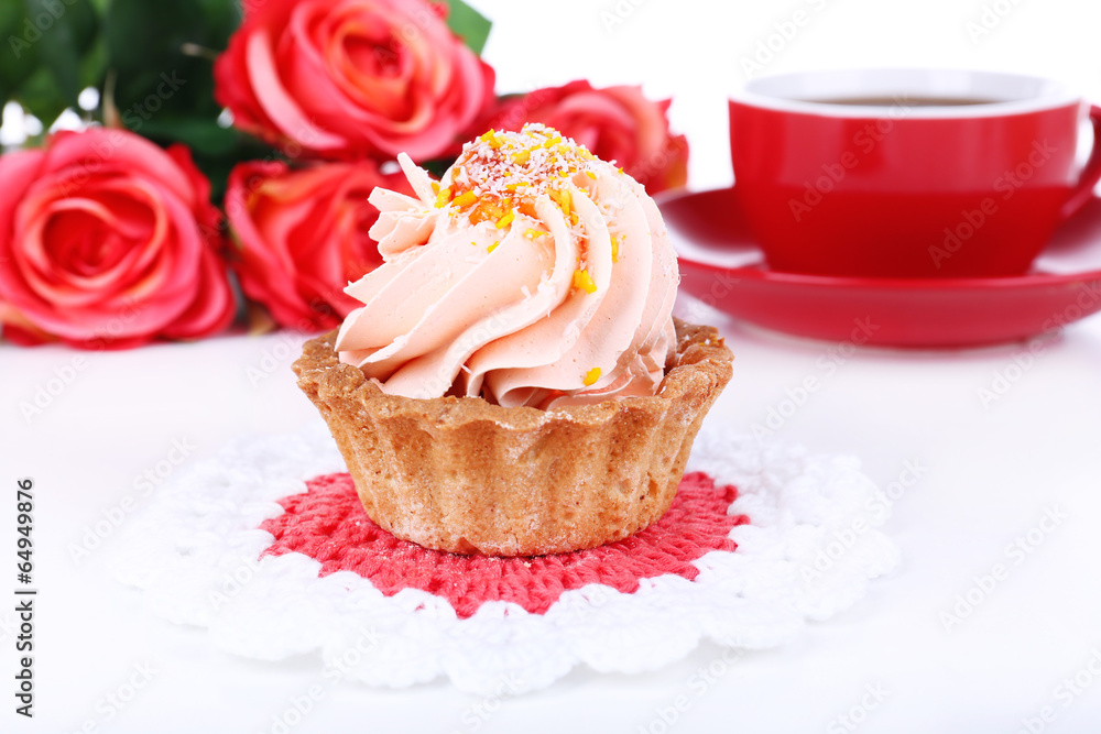 Tasty cake on table close-up