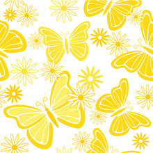 Yellow Butterflies And Flowers Seamless Background