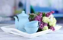Composition With Tea Set And Bouquet Of Beautiful Spring