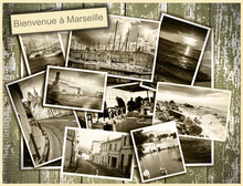 Collage Views Of Marseille, Black And White Photos On A Wooden B