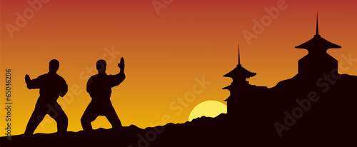 Plakat na papierze fotorealistycznym Ilustracja, mężczyźni są zaangażowani w karate na żółtym tle