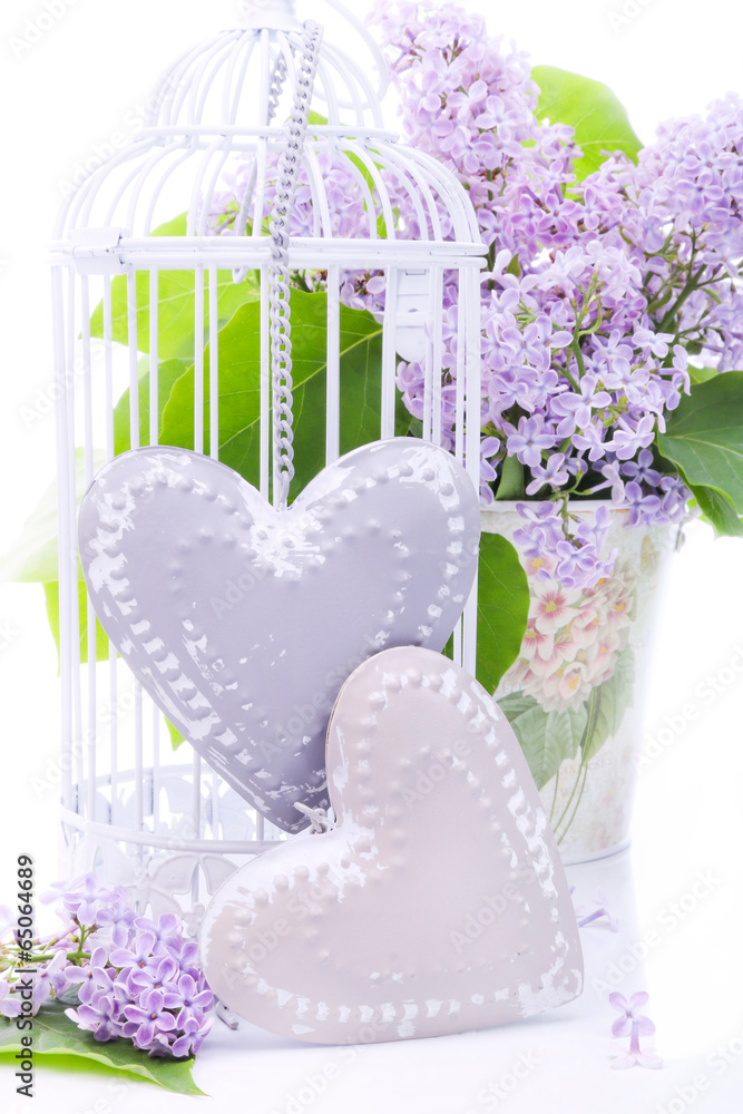 Beautiful decoration with bouquet of flowers and hearts - obrazy, fototapety, plakaty 