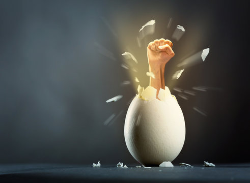 Broken egg with hand isolated on gray background