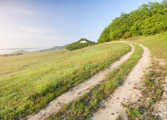 Wall Mural - Lane in meadow and sunrise.