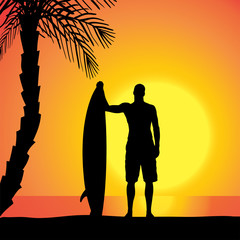 Vector silhouette of a man with a surfboard.