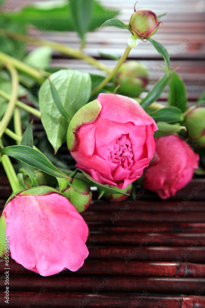 Beautiful peonies on bamboo mat  background
