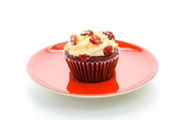 Red cupcake velvet isolated white background