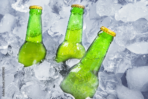 Fototapeta na wymiar Three bottles of beer on ice