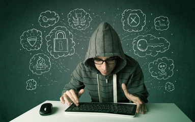 Aufkleber - Young nerd hacker with virus and hacking thoughts