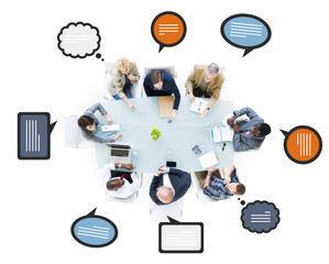 Wall Mural - multi-ethnic business people discussing with speech bubbles