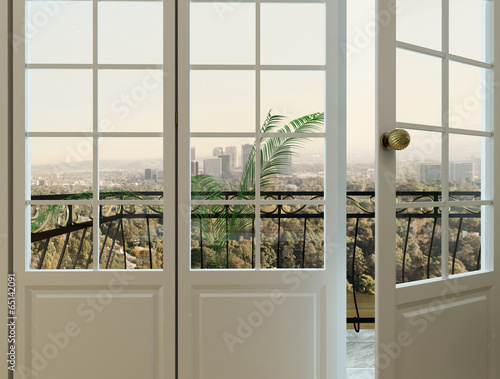 Obraz w ramie Close-up of balcony door with balustrade