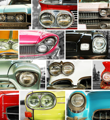 Naklejka ścienna Classic cars, retro automobile collage, bumper and headlights