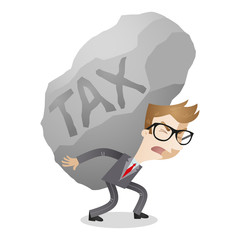 Businessman carrying huge rock labeled tax