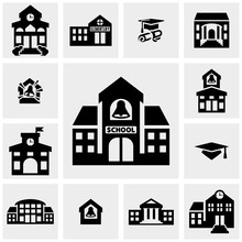 School Building Vector Icons Set On Gray
