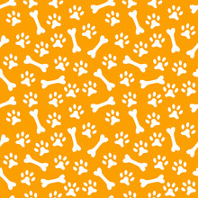 Animal Seamless Vector Pattern Of Paw Footprint And Bone. Endles