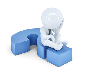 Business man sitting on a question mark. Isolated. Clipping path