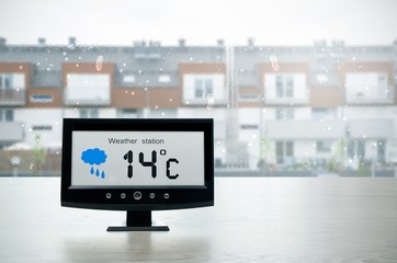 Wall Mural - Weather station device with weather conditions outside backgroun