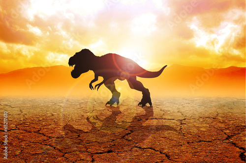 Naklejka samoprzylepna Sylwetka tyranozaura rex na suchych ziemi