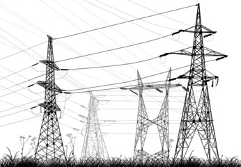 Wall Mural - four electrical pylons in grass isolated on white