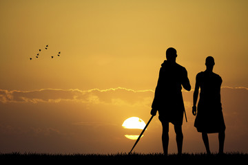 Wall Mural - Masai at sunset