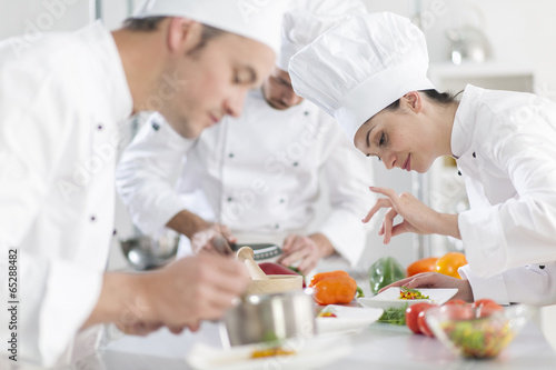 Fotografie, Obraz Portrait of a female chef preparing a dish carefully