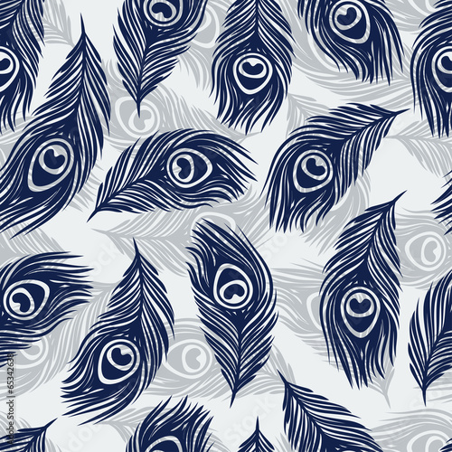 Obraz w ramie Seamless pattern with hand drawn feathers peacock.