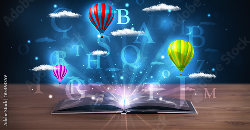 Board z aluminiowym obramowaniem Otwarta książka z świecące fantasy streszczenie chmury i balony