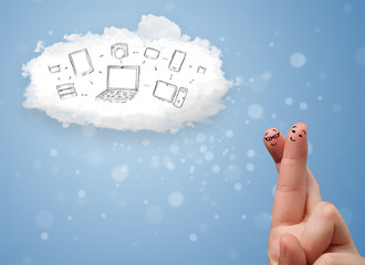 Happy smiley fingers looking at cloud computing with technology