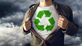 Fototapeta  - Man stretching jacket to reveal shirt with recycle symbol printe