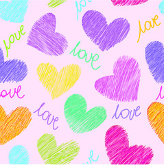 Wall Mural - Colorful Scribbled hearts and love seamless pattern