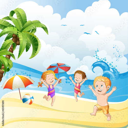 Board z aluminiowym obramowaniem Dzieci bawiące się na plaży