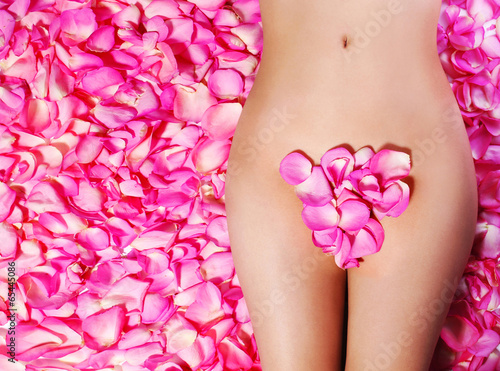 Fototapeta do kuchni Petals of Pink Roses on woman's body. Concept of Waxing. Bikini