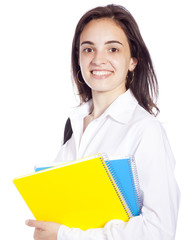 Portrait of a cheerful young student girl, isolated on white bac