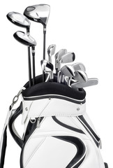 Wall Mural - golf clubs in white and black bag isolated on white background