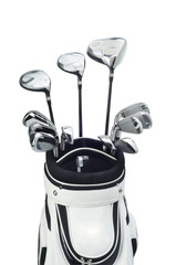 Wall Mural - Golf clubs in white and black bag isolated on white background